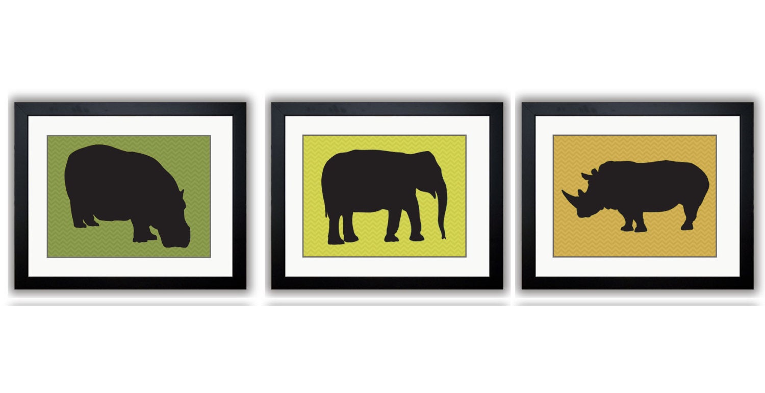 African Safari Animals Art Prints Chevron Set of 3 Hippo Elephant Rhino Kids Room Art Nursery Art Nu