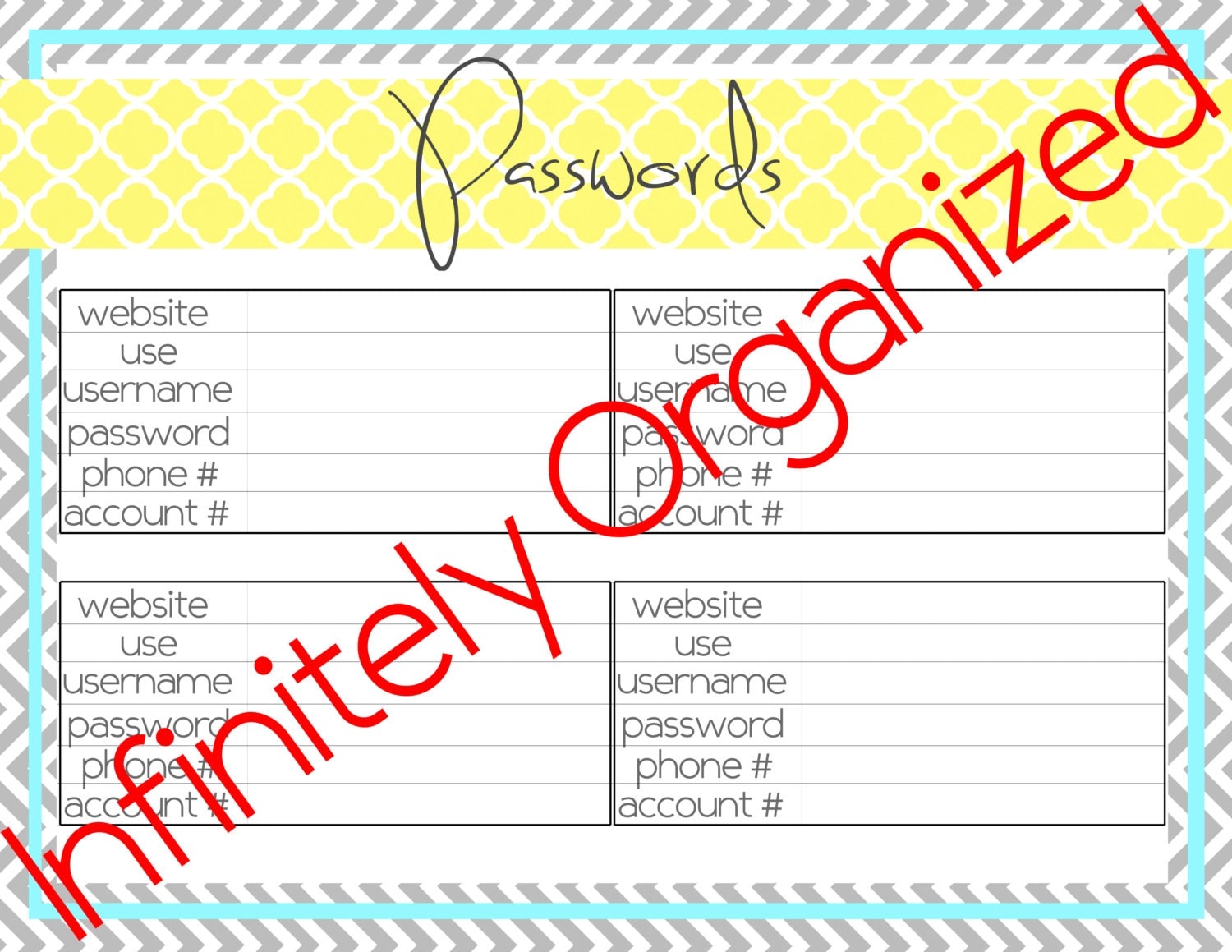 Password Organizer Printable Chevron Blue &amp; by GlamSupplyCo