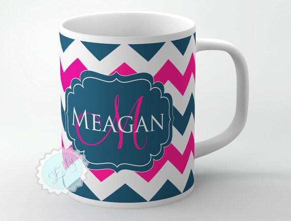 Petrol blue chevron and hot magenta with wedding monogram on to white ceramic cup