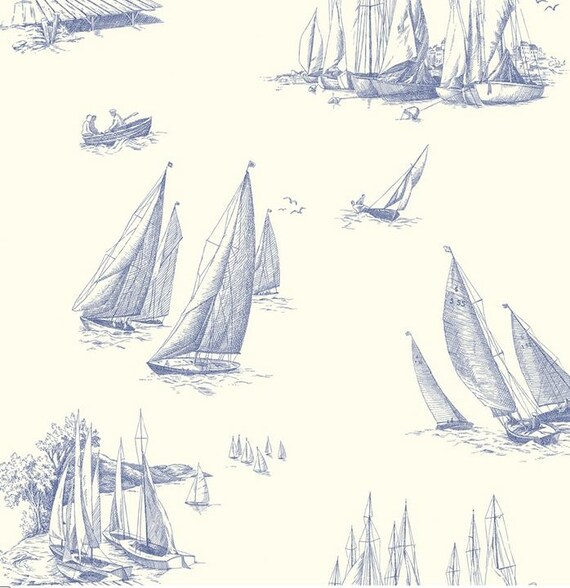 Blue and White Nautical Toile Wallpaper Remnant 27 x