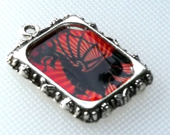 Fire Breathing Dragon Fantasy Pendant, Mythological Creature, Goth, Red & Black, Silver, Square Shaped