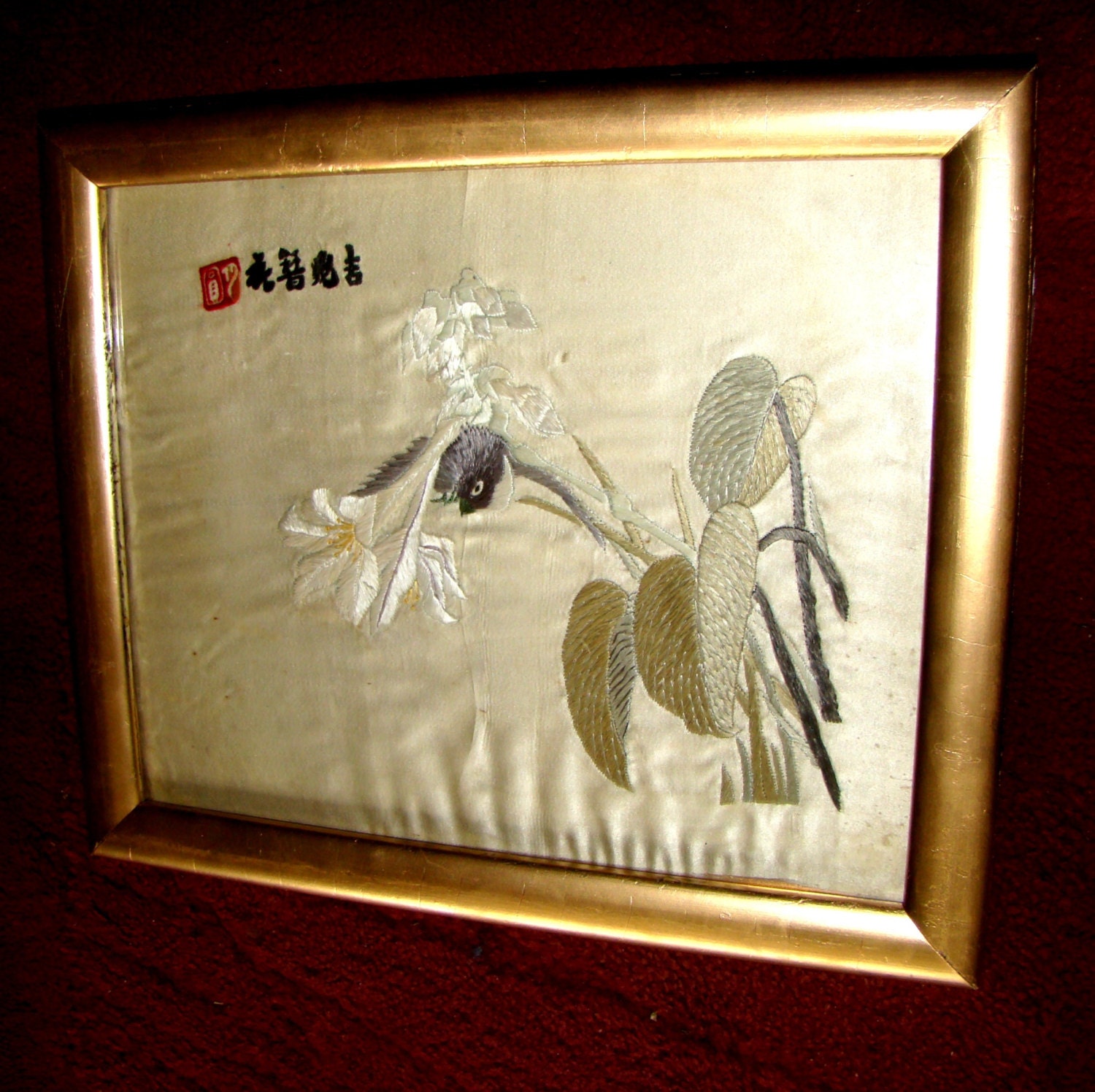 Oriental Art Silk Embroidery Bird Flower framed and signed