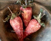 Set of 3 Old Grungy Primitive Summer Time Strawberries Bowl Fillers--Folk Art--Made to Order--HAFAIR, FAAP