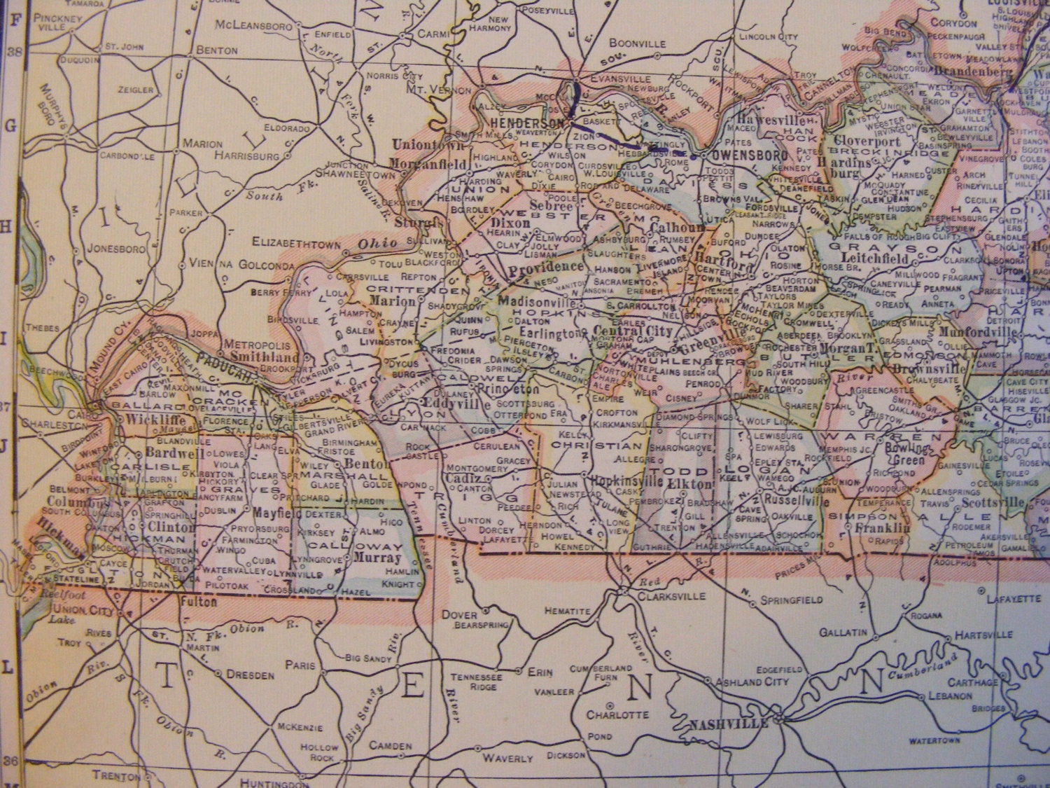 1923 Map of Indiana and Kentucky IN KY