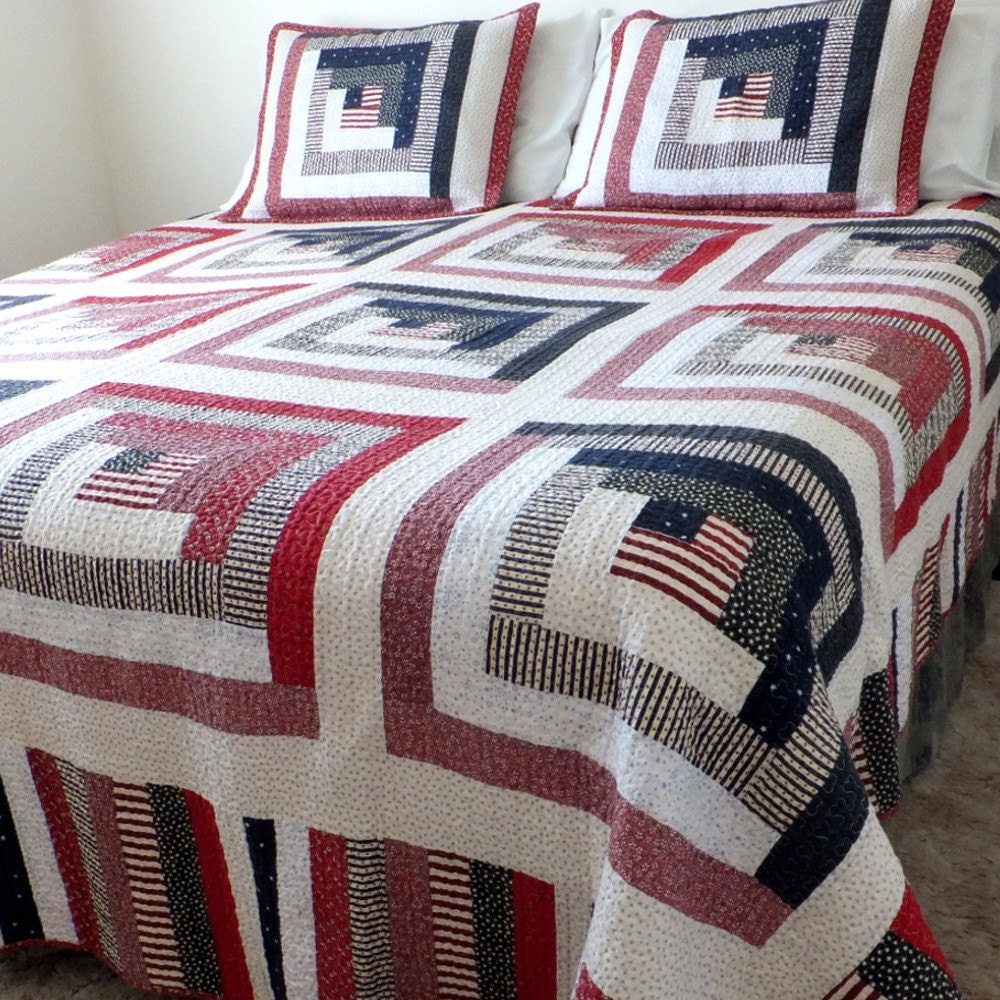 King Size Log Cabin Quilt Set 107 x 98 / Log Cabin Quilt
