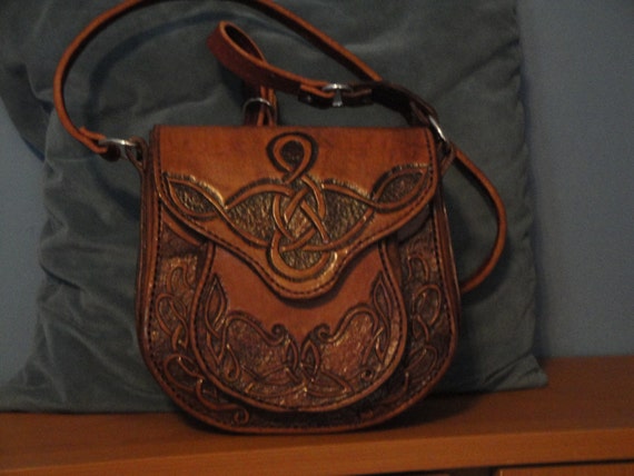 Celtic inspired hand tooled stitched leather purse cross