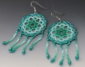 Beaded Turquoise Dreamcatcher Mandala Earrings Round Disc Bright Dangles Sea Green Aquamarine