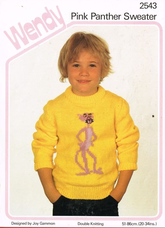 Wendy 2543 child pink panther picture jumper vintage knitting