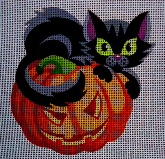 Needlepoint canvas Halloween Black Cat & by StitchArtNeedlepoint