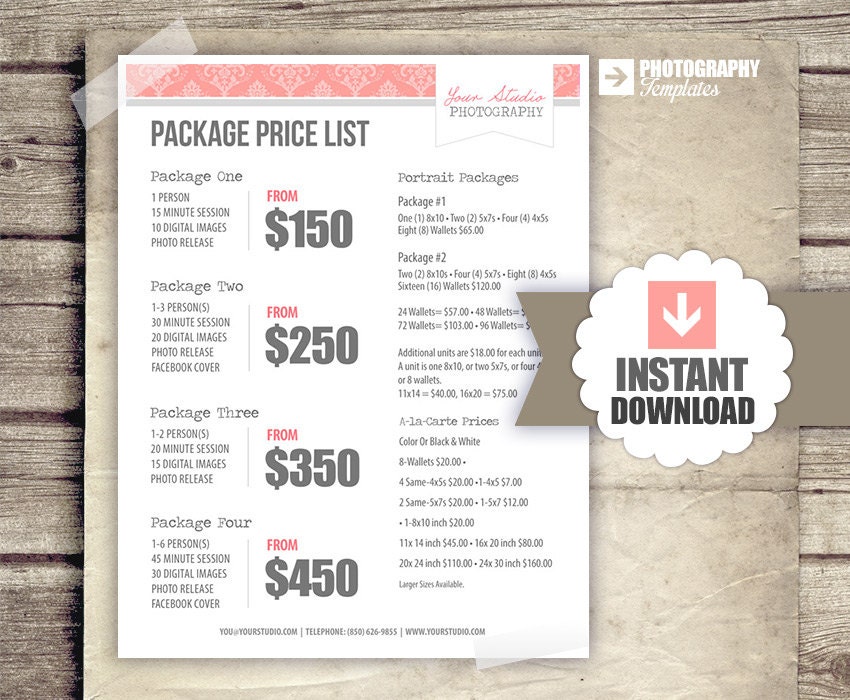 Photography Price List Pricing List for Photographers