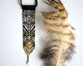 green and gold, loom beaded necklace, original owl feather design