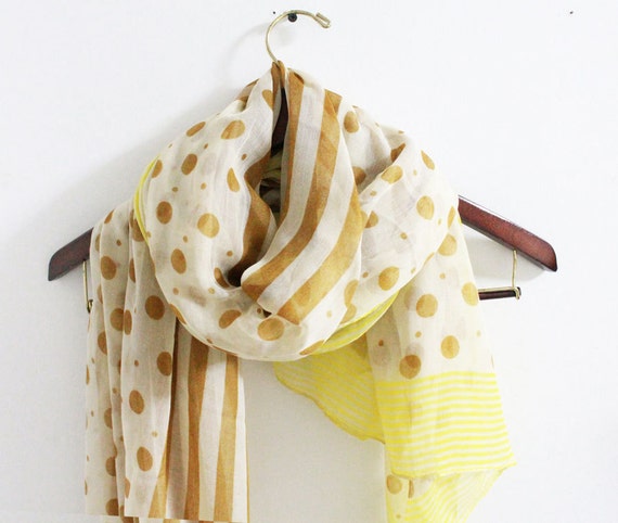 Mustard Yellow Scarf Polka Dot and Stripe Scarf by LitoPinkOwl