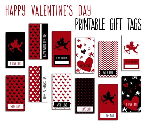 Digital Valentines Gift Tags Red White & Black Cupid