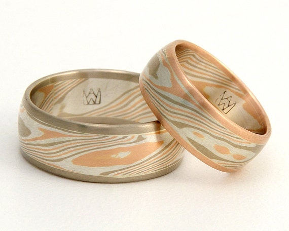 Mokume Gane wedding ring set - edged woodgrain
