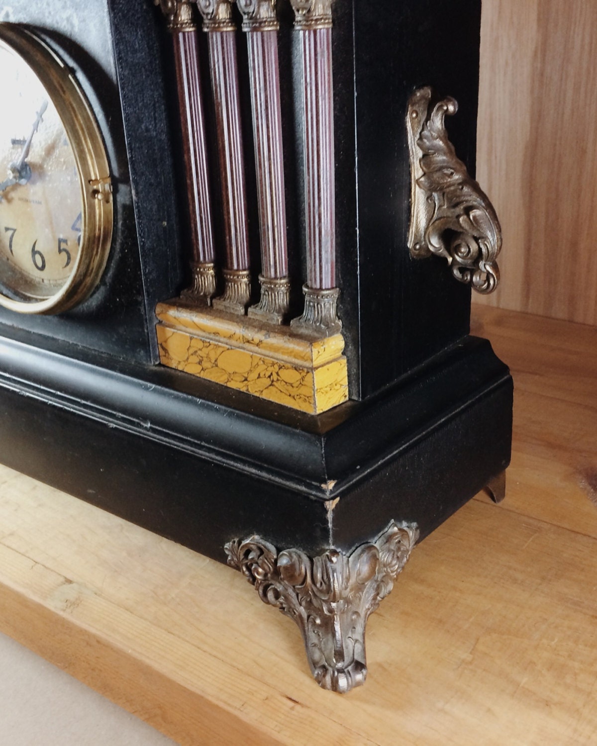 Antique Ingraham Black Mantel Clock with Pillars Marble