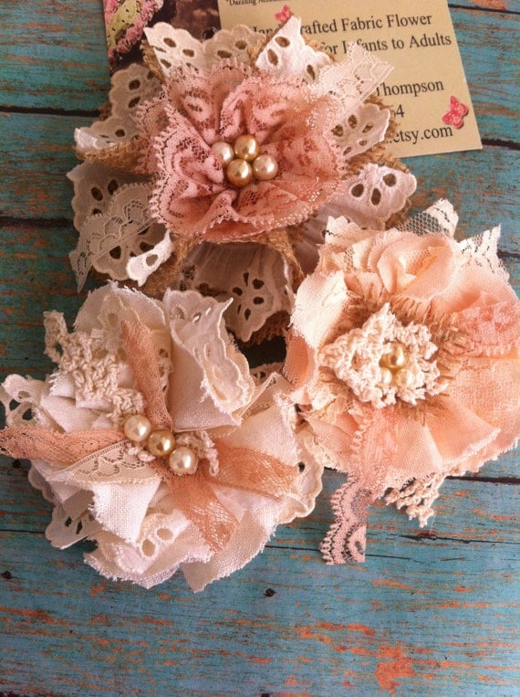 Set of 3/ Peach & Ivory/ Burlap, Linen, Lace/ Wedding Decor/ Magnetic Lampshade Flowers/ Clothing Embellishments/ Brooch Pins/ Hairclips