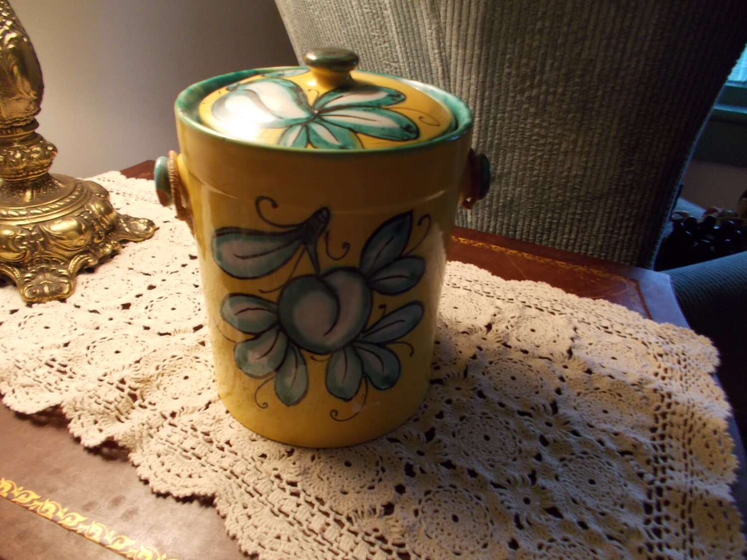 Vintage Turquoise & Yellow Ceramic Ice Bucket