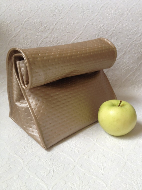 Gold Faux Leather Reusable Lunch Bag with Removable Waterproof Liner