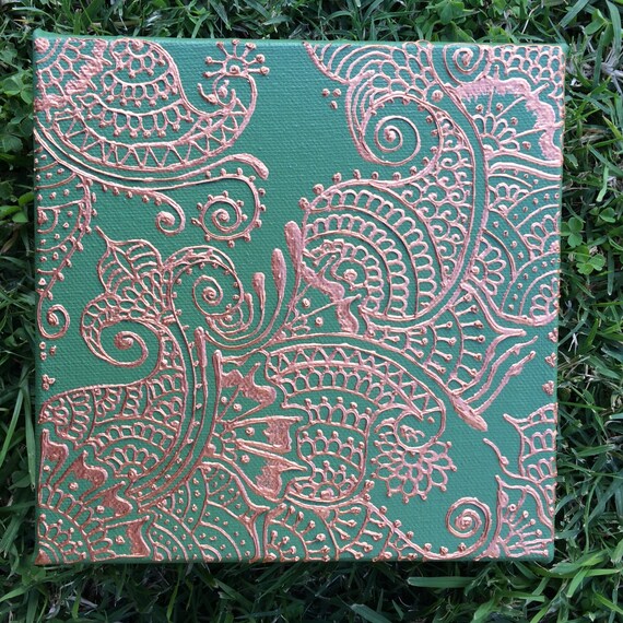 Olive Green with Copper Henna Design 6inX6in