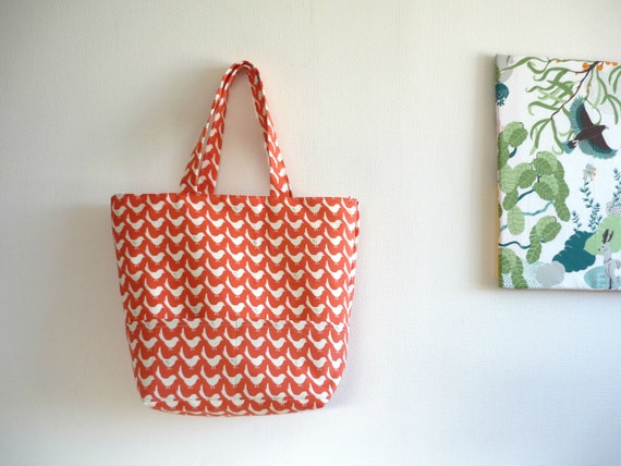 Extra large zipper tote bag with orange bird print by malmokkobags
