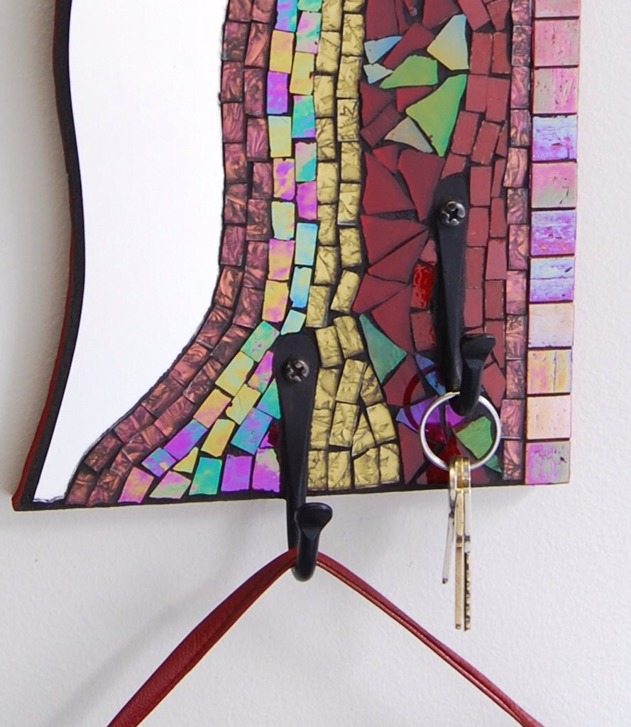 Mosaic hook made with stained glass and mirror on wood