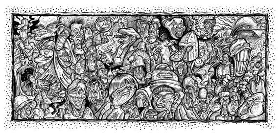 Items similar to Whimsical Fun Pen and Ink Art Insane Faces Collage