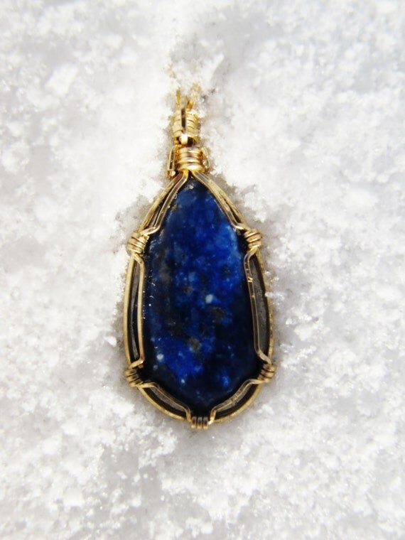 Chilean Lapis Lazuli Pendant Wire Wrapped 14K Gold