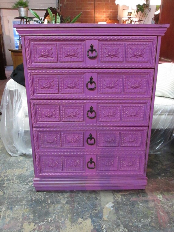 Radiant Orchid Vintage Painted 5 Drawer Dresser
