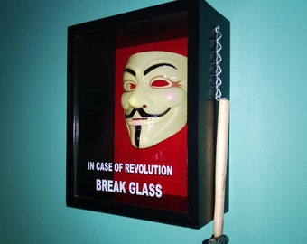 In Case Of Revolution Break Glass Shadow Box, with Anonymous, V for Vendetta mask, Guy Fawkes, Anon.