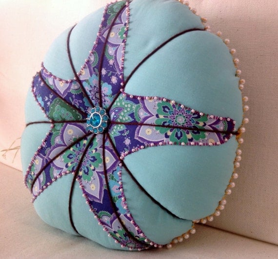 Pillow Round Throw Pillow Aqua with Purple by artteryandstitch