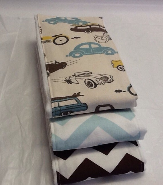 Set of 3 baby burp cloths in vintage cars and brown and light