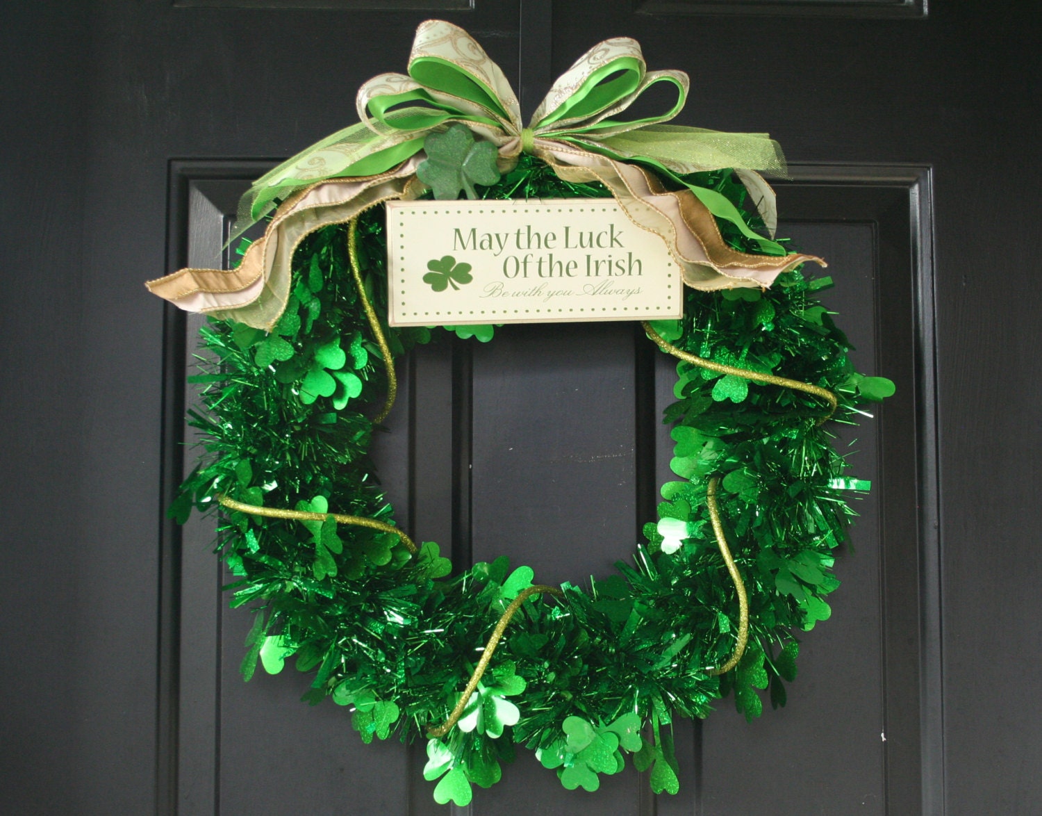 Green St Patrick's Day Wreath Shamrock Tinsel Front Door