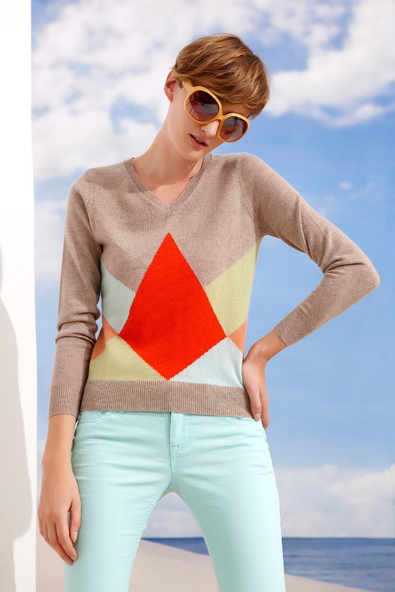 Items similar to Cashmere Sweater Multicolored Geometric Pure Cashmere Sweater on Etsy