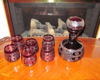 Enter Coupon Code DISCOUNT20 for 20% Off - Gorgeous Bohemian Decanter Set in Red Cut to Clear