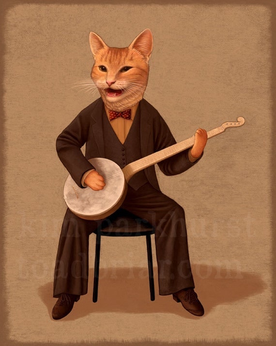 Banjo Kitty Musician signed orange cat print
