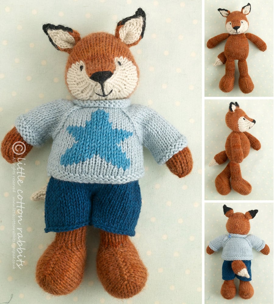 Toy knitting pattern for a boy fox with a star sweater