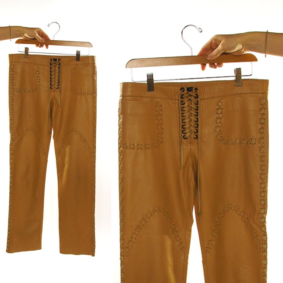 Lace Up Leather Pants / Caramel Brown / Women's Size 8