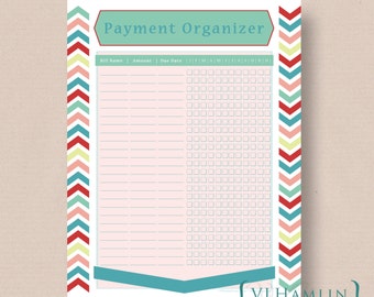 Printable Payment Organizer, Bill Tracker, Finance Planner, Bright Chevron, Instant Download