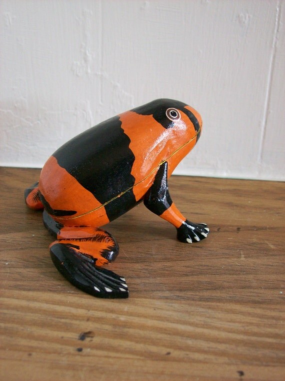 Carved Wooden Frog Painted Orange and by AletaFordBakerDesign
