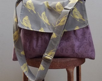 Olive Purple Messenger Bag - Ginko Leaves - Adjustable Strap - 3 pockets