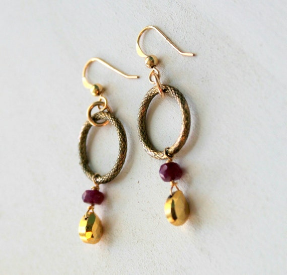 Antique Brass Hoops, Gold Pyrite Earrings, Pyrite Ruby Earrings, Minimalist Earrings, Minimalist Jewelry, Pyrite Jewelry, Everyday Earrings