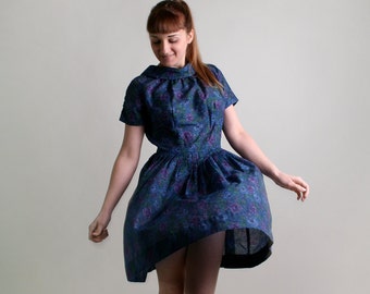 Vintage Floral Dress - 1960s Garden Botanical Pleated Day Dress - Medium Large