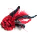 Vibrant Red Rose Hair Clip with Red Black Iridescent and Spotted Feathers by Velvet Mechanism