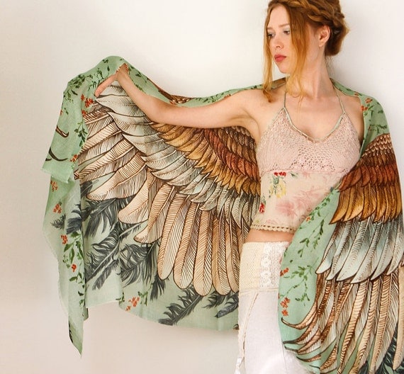 Green Women scarf, Hand painted Wings and feathers, stunning unique and useful, perfect gift