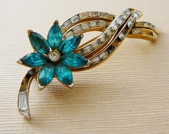 Vintage .. Signed Coro Flower Brooch Aqua Blue Clear Rhinestones