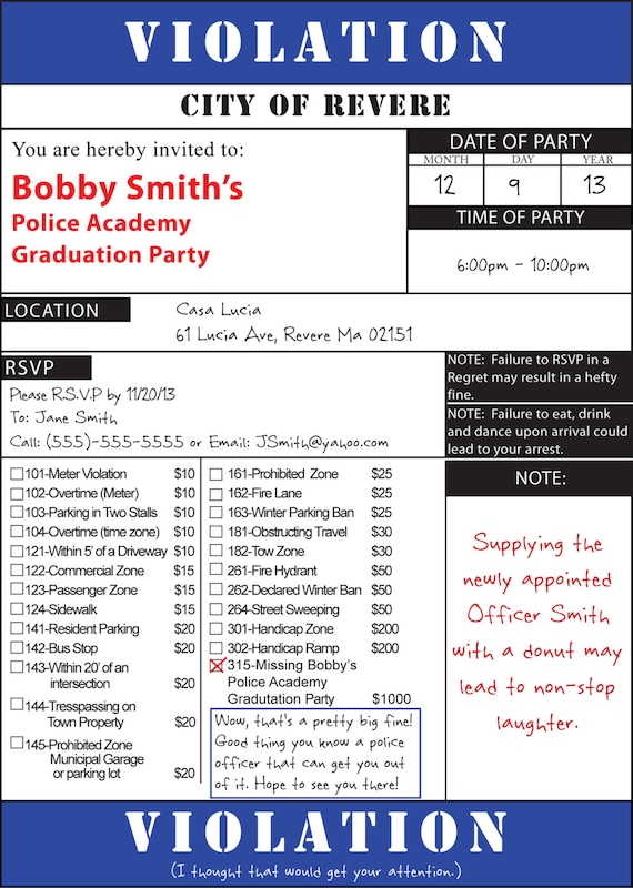 Items similar to Police Ticket Invitation - Customized by me, Printed ...
