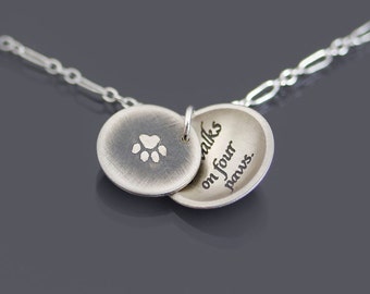 Paw Print/ Love Walks on Four Paws Necklace, Etched Sterling Silver Pet Lover Necklace, Dog Paw Pendant, Cat Paw Pendant