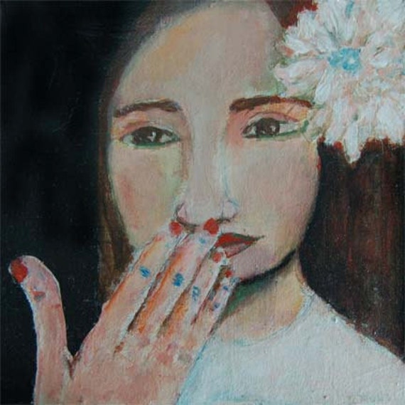 Acrylic Portrait Painting 8x8 Original, Woman, Flower in Hair, Hand on Mouth, Oops, Wrapped Canvas