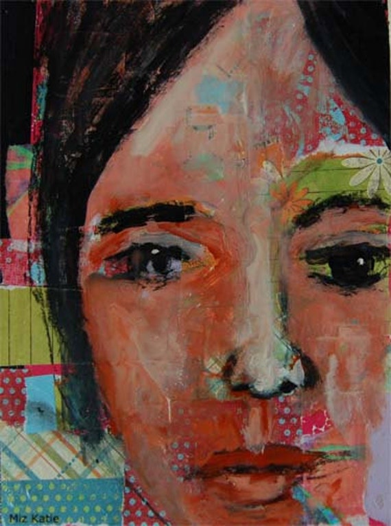 8x10 Print Collage Portrait Painting Young Woman, Face, Green, Orange, Flowers, Black