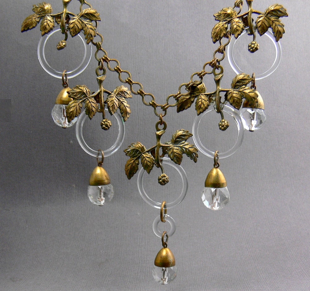 Vintage Art Deco Brass & Crystal Drop Necklace